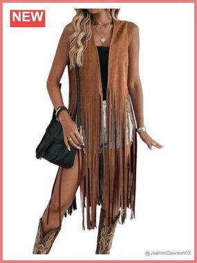 Faux Suede Sleeveless Fringe Vest Western Cardigan Jacket